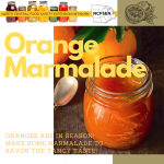 Image of food and text that says Orange Marmalade. Oranges are in season! Make some marmalade to savor the tangy taste!
