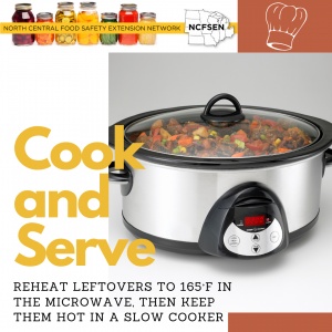 Image of food in slow cooker and text that says Cook and Serve. Reheat leftovers to 165 degrees Fahrenheit in the microwave. Then keep them hot in a slow cooker.