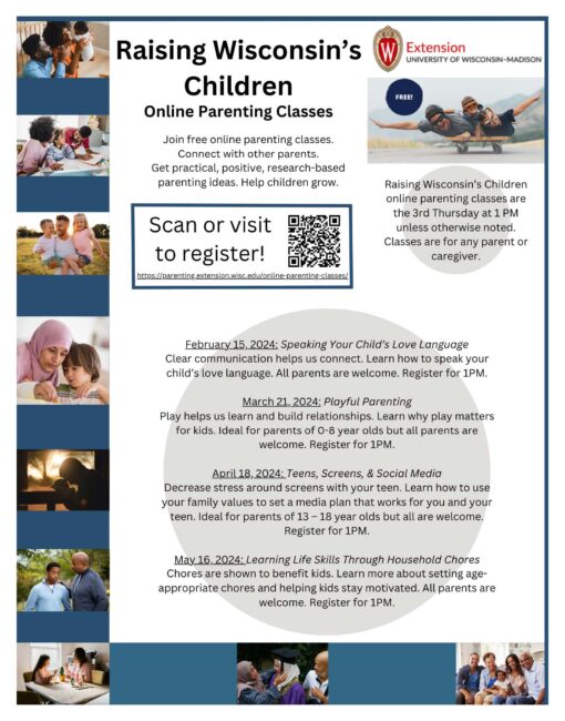 Flyer for February - May 2024 Raising Wisconsin's Children online parenting class. Flyer includes class dates and descriptions and registration link.