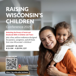 Image of woman and young girl playfully embracing as part of the Raising Wisconsin's Children Conference 2025 flyer. Imbedded link goes to https://go.wisc.edu/raisingwi to register.