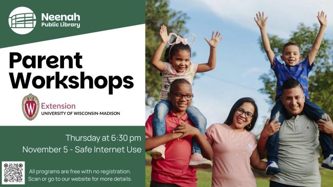 image of family with information about the 6:30pm on November 5, 2026 Parent Workshop about Safe Internet Use.